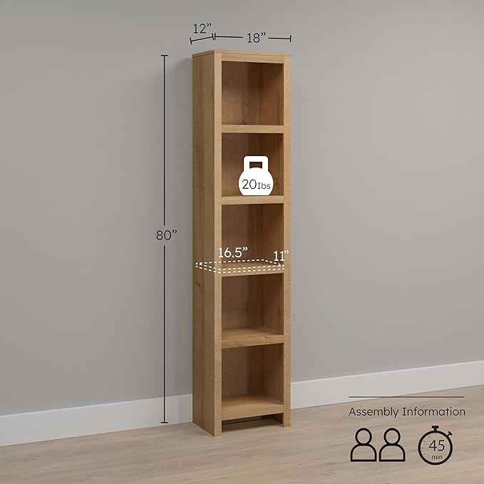 Prepac Moda 80" Tall 5-Tier Narrow Bookcase in Natural Oak, Modern Storage Accent Bookshelf with 3 Adjustable Shelves for Home, Office, Living Room, Bedroom