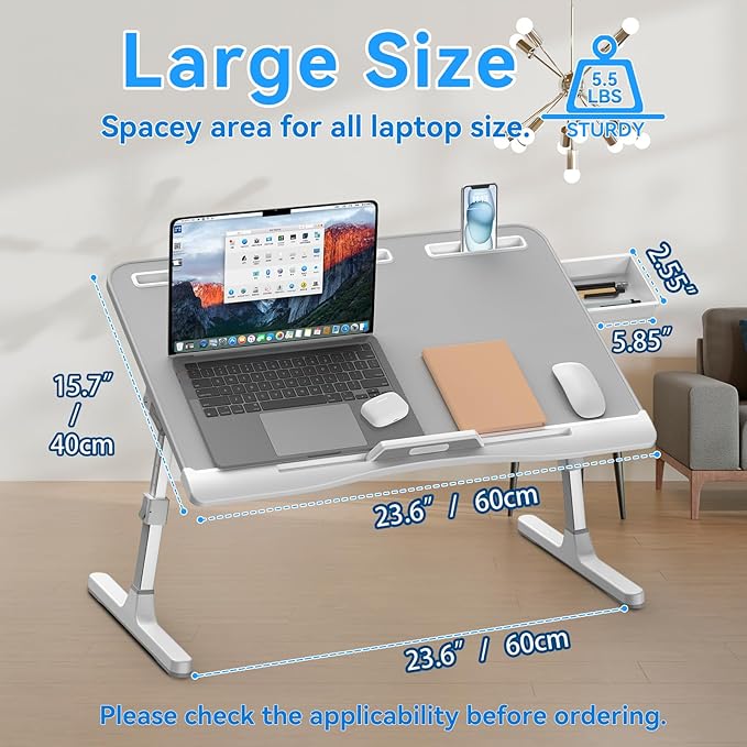 HETTHI Laptop Desk for Bed, Adjustable Bed Table with Leather Desktop, Foldable X-Large Laptop Bed Trays with Drawer for Bed Couch Floor Writing Working Reading Eating Painting (Gray, 23.6"×15.7")