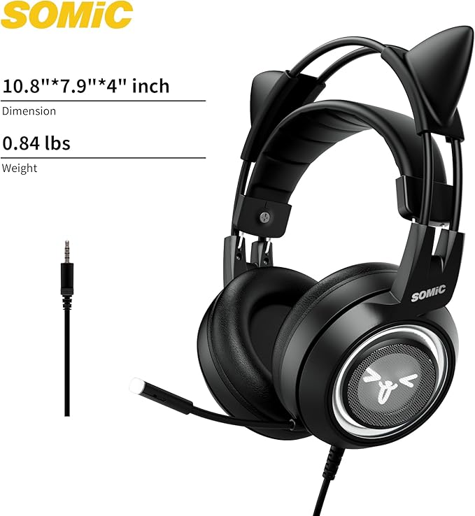 SOMIC Stereo Gaming Headset with Mic for PS4, PS5, Xbox One, PC, Mobile Phone, 3.5MM Sound Detachable Cat Ear Headphones Lightweight Self-Adjusting Over Ear Office Headphones G951S Black
