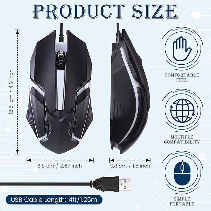 Sratte 10 Pack Black USB Wired Mouse Bulk 1200 Dpi RGB Optical Computer Mouse 3 Button 7 Color LED Backlit Wired Ergonomic USB for Gaming Office Desktop Laptop Gamer Computer