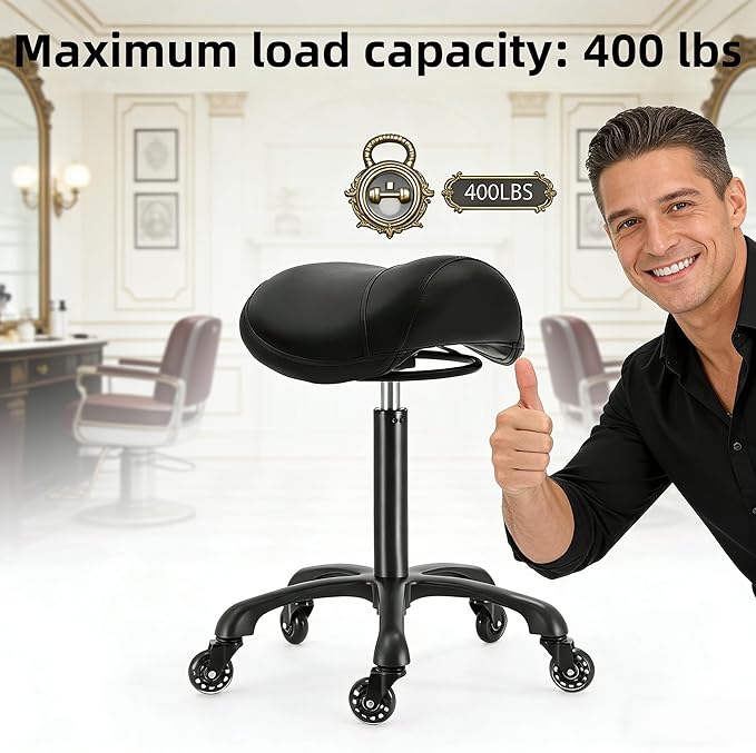 Saddle Salon Stool with Wheels,Heavy Duty Adjustable Rolling Drafting Chair for Barber, Tattoo, Nail,Spa,Dentist(Black)