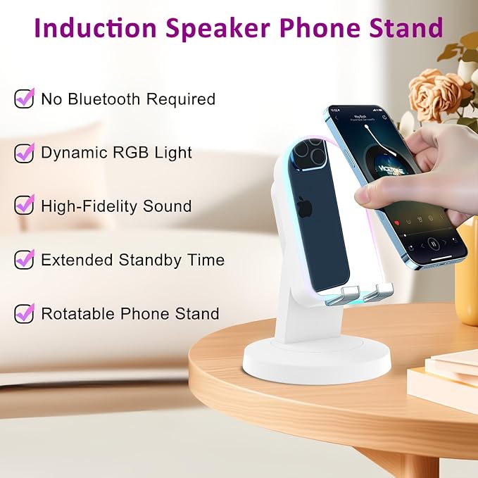 Tatiyana Wireless Induction Speaker with 360° Rotating Base, Bluetooth Speaker Phone Stand with Center Mirror, Stereo Sound for Kitchen Desk, RGB Ambient Light, Gift for Men Women (White)