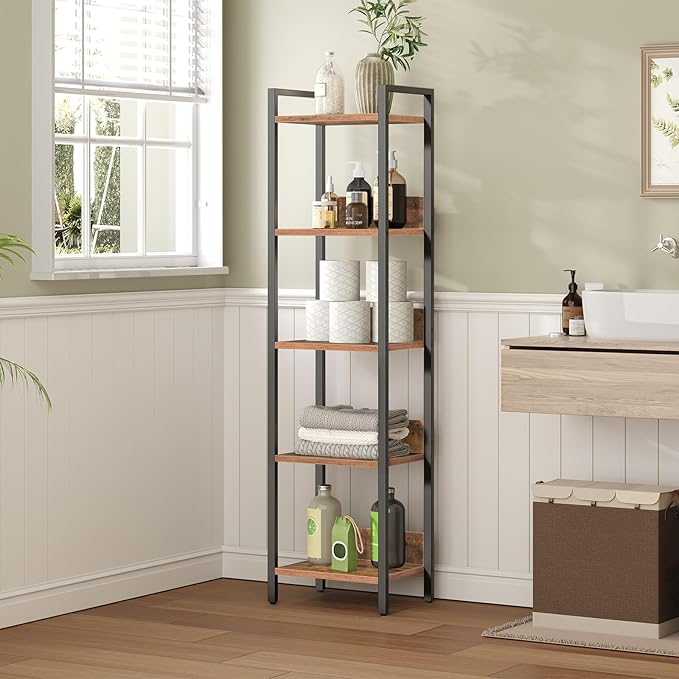 MAHANCRIS Bookshelf, 5-Tier Bookcase, Standing Book Shelf for Small Space, Storage Shelf Organizer, for Living Room, Bedroom, Study, Balcony, Rustic Brown and Black BKHR5501