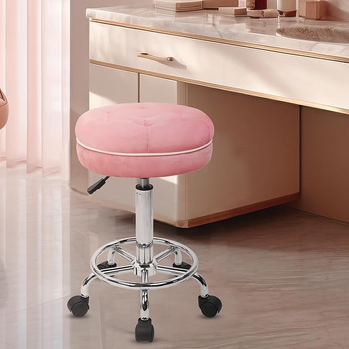KLASIKA Velet Rolling Bar Stool with Wheels, Tall Drafting Stool with Adjustable Height and Footrest, Multi-Purpose Office Desk Chair for Home Kitchen Shop Work, Pink (1PK)