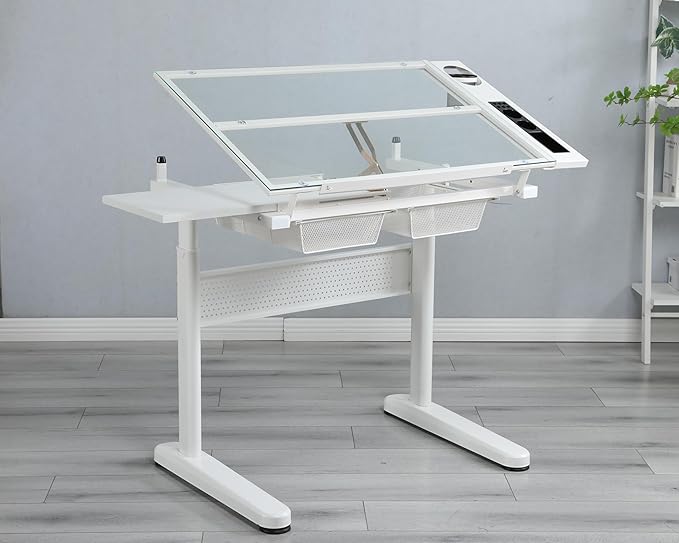 White Art Table,Drafting Table with Storage,Adjustable Drawing Desk with Stool & 2 Storage Drawers for Art Studio Home Office School Adults Teens Artists Kids