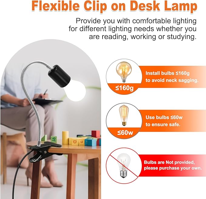 Clip-on E26/E27 Clamp Light Socket with 220 CM Cable, 360 Rotatable Flexible Desk Lamp, 9MM & 350MM Thickened Lengthened Gooseneck, Metal Base, for Bedside