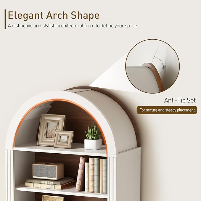 RALGEND Arched Bookshelf Set of 2, 73" Tall Arch Bookcase with Drawers, 6-Tier Farmhouse Book Shelf, Wooden Bookshelf with Open Display Shelves for Living Room, Office, Walnut and White