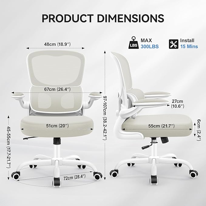 ALLGOD Ergonomic Office Chair, Breathable Mesh Ergonomic Desk Chair with Adjustable Lumbar Support, Flip-up Armrests, Computer Chairs Comfortable for Home, Office, Work, 300lbs, White, Upgrade
