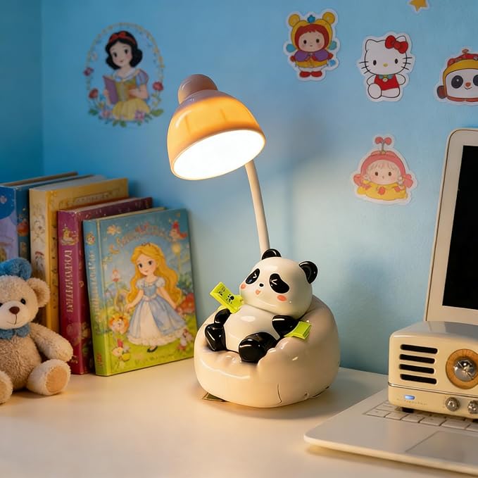Cute Panda Night Light with Phone Stand & Storage, Rechargeable Bedside Lamp, 3-Level Touch Control Adjustable, LED Desk Lamp with USB for Bedroom Study Room, Boys Girls Gift (Pink)
