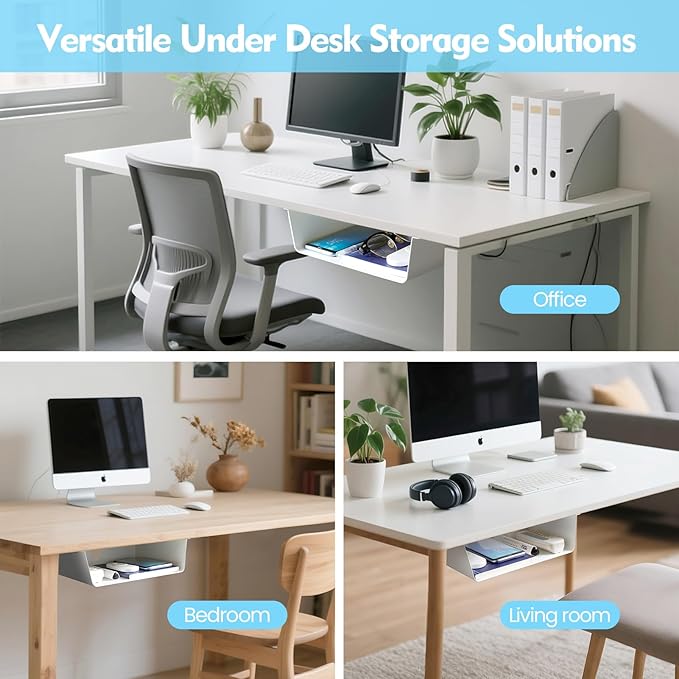 KHAMAL Under Desk Storage Shelf 2 Pack - Under Desk Drawer with Built in Cable Management for Home, Office, Gaming Setups, Kitchen (White)