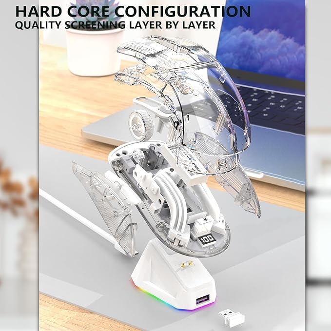 Wireless Gaming Mouse with Transparent RGB Mechanical, Tri-Mode 2.4GHz/Bluetooth/Wired Mouse, Charging Base, Digital Display,Silent Mice, 7 Buttons, Computer Mouse for Gaming and Esports (White)