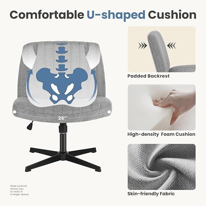 DUMOS Criss Cross Legged Chair Wide Comfy Home Office Desk Seat, No Wheels Armless Computer Task Seating, Swivel Vanity Chair Height Adjustable for Makeup Bedroom, Fabric Gay