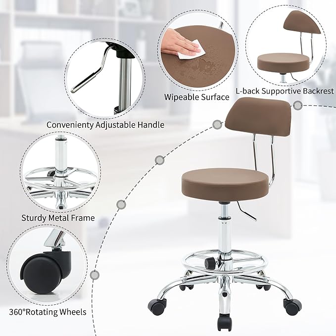 FIRAVOE Office Drafting Chair (Rolling Office Stool) (Adjustable Height Footrest Massage Chair 19.5"-26.6") Lab Stool with Back (Coffee Brown)