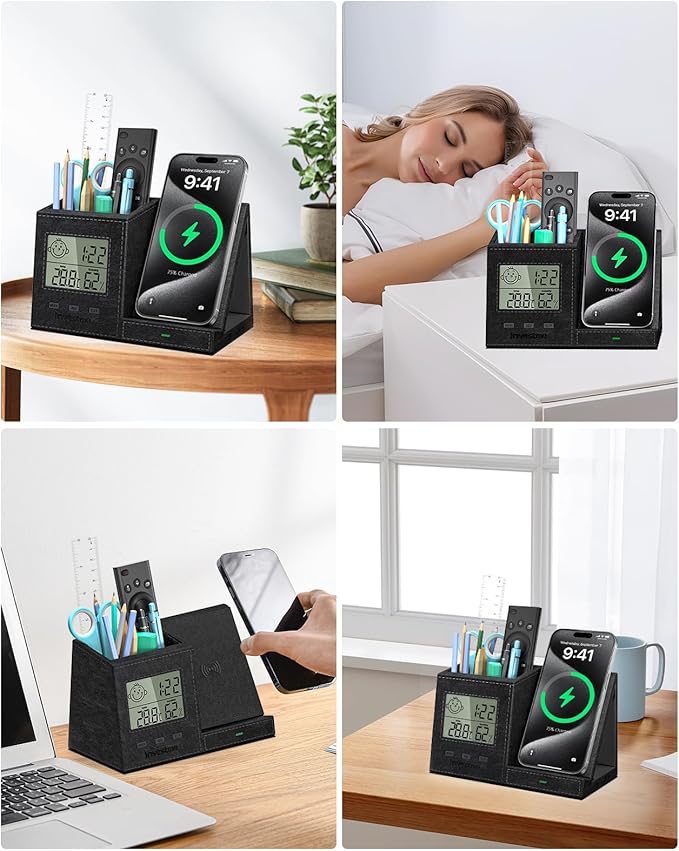 Pen Holder with Desk Organizer, Pencil Holder for Desk, Built in Digital Indoor Thermometer and Humidity Monitor, Multi-Functional Pencil Organizer for Home Office Supplies, Vegan Leather, Black