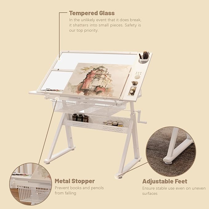 Drafting Table Desk w/Stool, Painting Table Art Craft Desk Crafting Table with Tilting Tempered Glass Top, 2 Storage Drawers, Upgraded Hand Crank Height Adjustable (White)