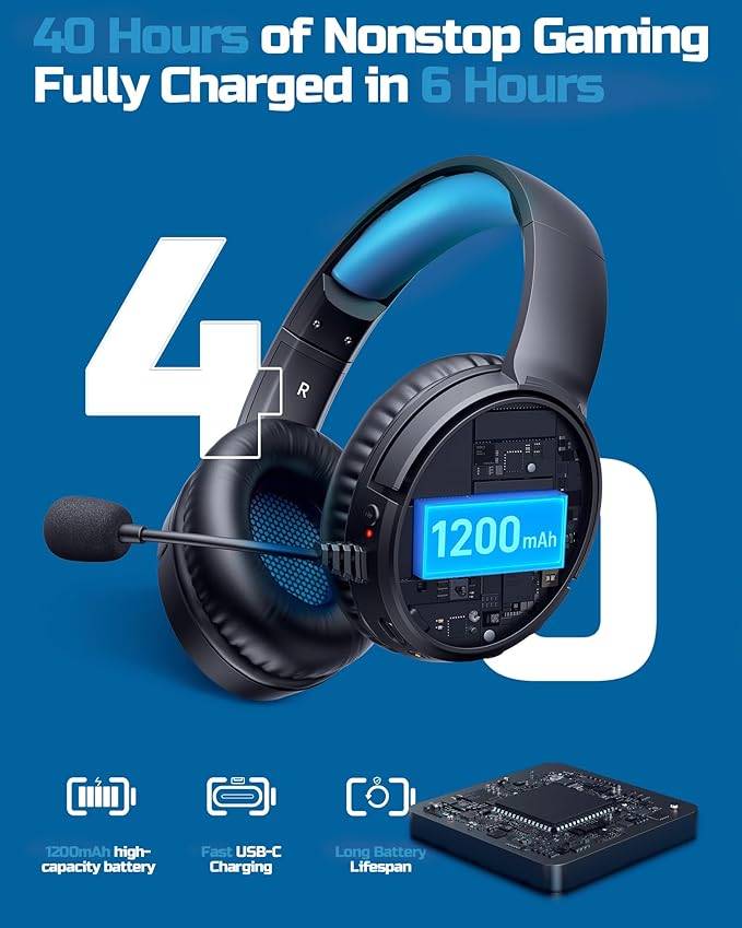 BINNUNE Wireless Gaming Headset — 2.4GHz Low-Latency USB Dongle + Bluetooth, 50mm Drivers 7.1 Surround, Noise-Cancelling Mic, 40H Battery — Over Ear Wireless Headphones for PS5, PC, Laptop, Blue