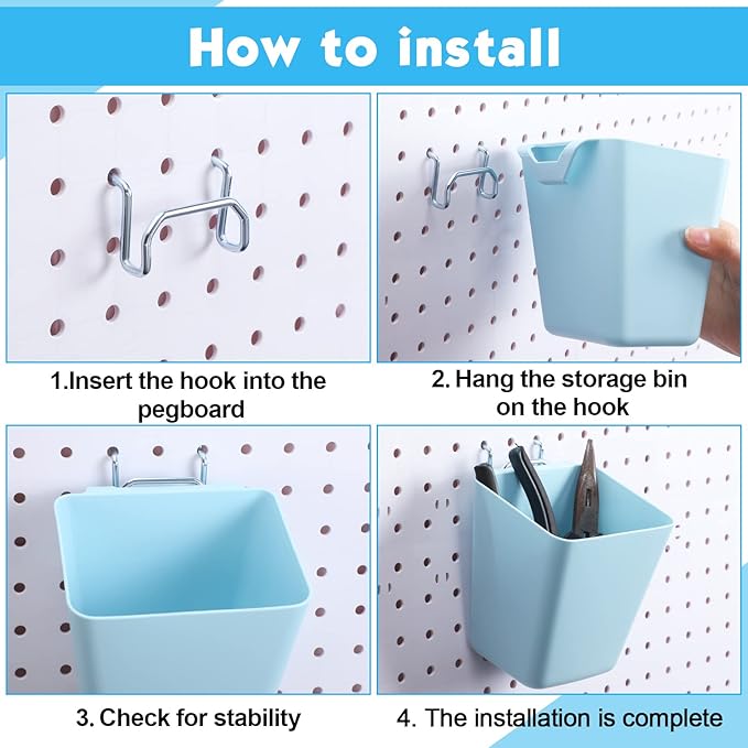 Namalu 12 Pack Peg Board Storage Bins with Labels and Hooks Square Box Shape Pegboard Cup Holder Accessories Pegboard Organizer for Craft Room Wall holder Workbench(4.7 x 4 x 5 Inch, Colorful)