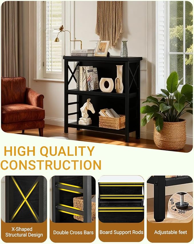 MNEETRUNG Small Bookshelf,3 Tier Industrial Bookcase with Metal Frame and Backboard,Low Black Book Shelf,Book case for Small Spaces,Living Room,Bedroom and Home Office