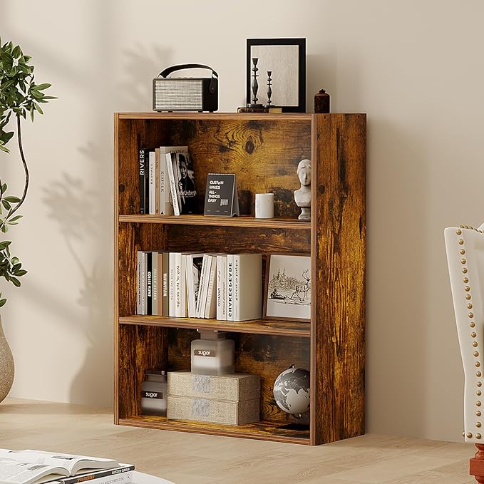 Sweetcrispy Industrial 3 Shelf Bookcase - Large 31.5 Inch Tall Floor Standing Open Bookshelf for Home Office, Living Room, and Bedroom Storage, Brown