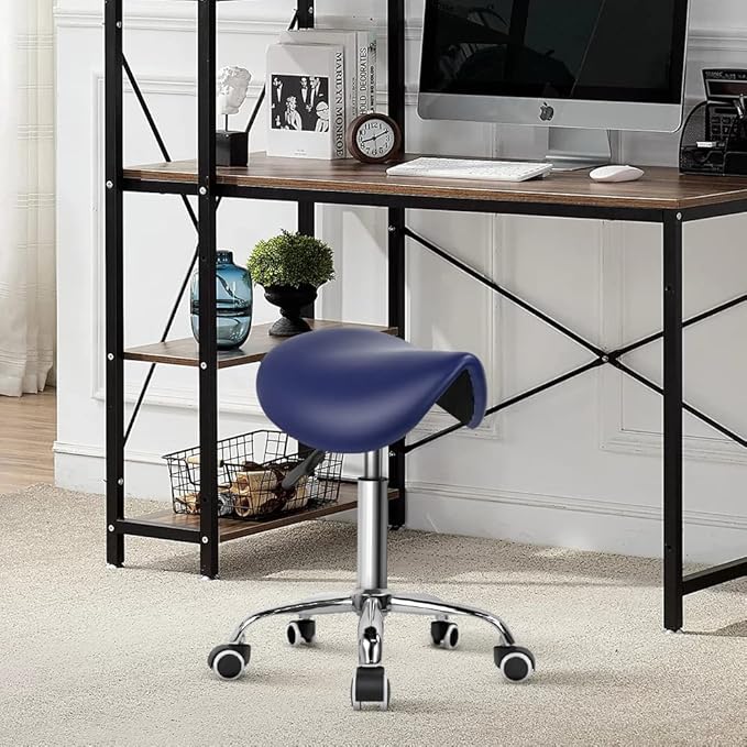 KKTONER Rolling Saddle Stool PU Leather Swivel Adjustable Rolling Stool with Wheels Salon Chair (Blue)