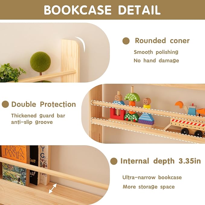 Baveke Kids Bookshelf, 3 Tier Shelves Behind The Door Book Shelf Storage, Children's Solid Wood Bookcase Space- Saving, Wall Mount Bookshelf for Bedroom, Living Room, Nursery（FSC-Certified Wood）