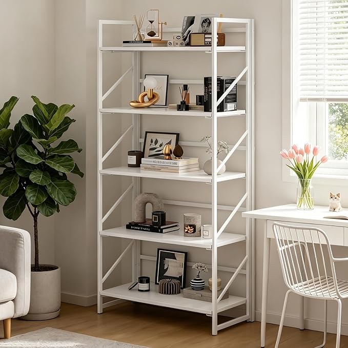 JSB No Assembly Folding Bookshelf, 5 Tier Industrial Metal Book Shelf for Storage, Vintage Wood Foldable Bookcase for Living Room, Bedroom, Office Organization Shelves