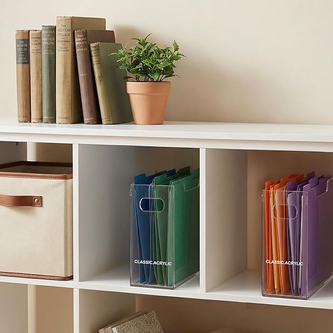 Acrylic File Organizer, 12.2 x 3.5 x 9.6 Inch Clear Hanging Folder Organizer with Handle Lightweight Slim Desktop File Storage for School, Office, Home