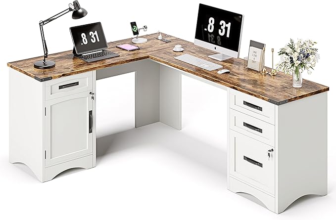 Decofy 67" Farmhouse L Shaped Standing Desk with Drawers Home Office Executive Desks with Fast Charging Station, Lockable File Cabinet, Wood Writing Computer Desk for Work, Study, White