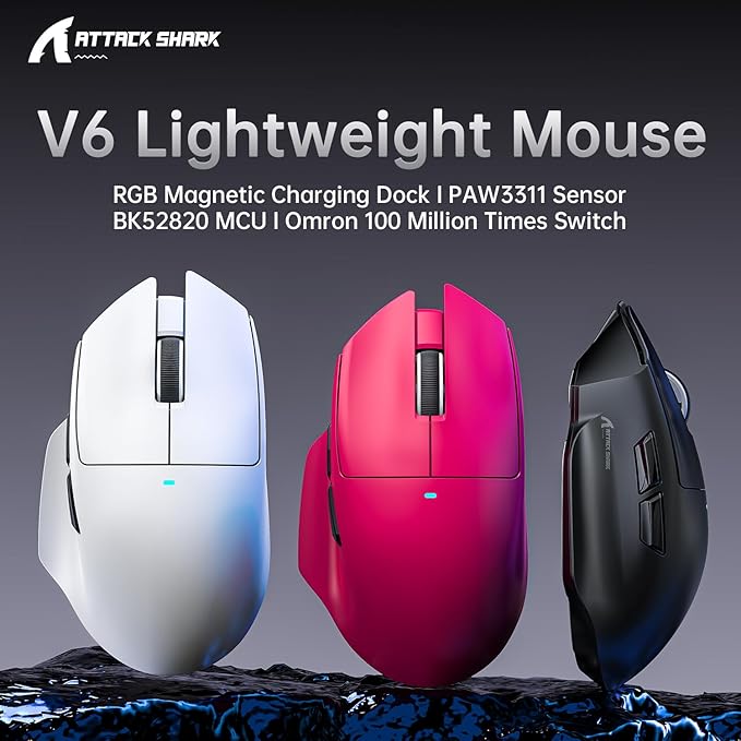 ATTACK SHARK V6 Wireless Gaming Mouse with RGB Charging Dock, 25K DPI PAW3311 Sensor, 1K Polling Tri-Mode Ergonomic PC Mice, 5 Programmable Bottons, Cloud-Based AI Driver for Win/Mac,Black&Tape