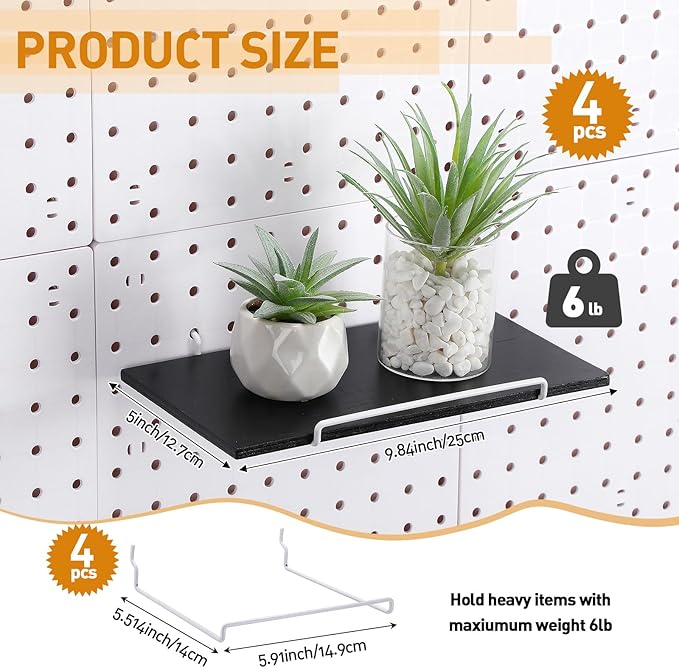 Wonderjune 4 Pcs Wooden Pegboard Shelves with Metal Pegboard Shelf Brackets Peg Board Display Storage Tray Wall Organizer Peg Board Accessories for Craft Room Home Kitchen(Black,9.84 x 5 Inch)