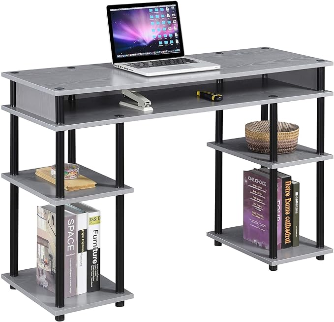 Convenience Concepts Designs2Go No Tools Desk Home Office Desk with Shelves, Corner Shelf Vanity Desk Computer Desk Nail Table for Nail Tech - 47.25" L x 15.75" W x 30" H, Gray/Black