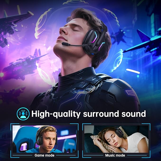 Fachixy Wireless Gaming Headset with LED Light for PS5, PS4, PC, Switch, Laptop, Mac - 2.4GHz & Bluetooth 5.4, 50H Battery, Flip Mic, Lossless Audio, Foldable, Immersive Gaming
