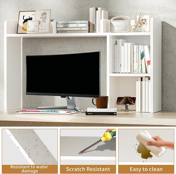 AQQHSAIN Desk Storage Hutch Wood Desktop Book Shelf with 5 Shelves Countertop Desk Hutch for Computer Multipurpose Desk Display Rack Desk Shelf Storage Organizer for Office Dorm Office Home