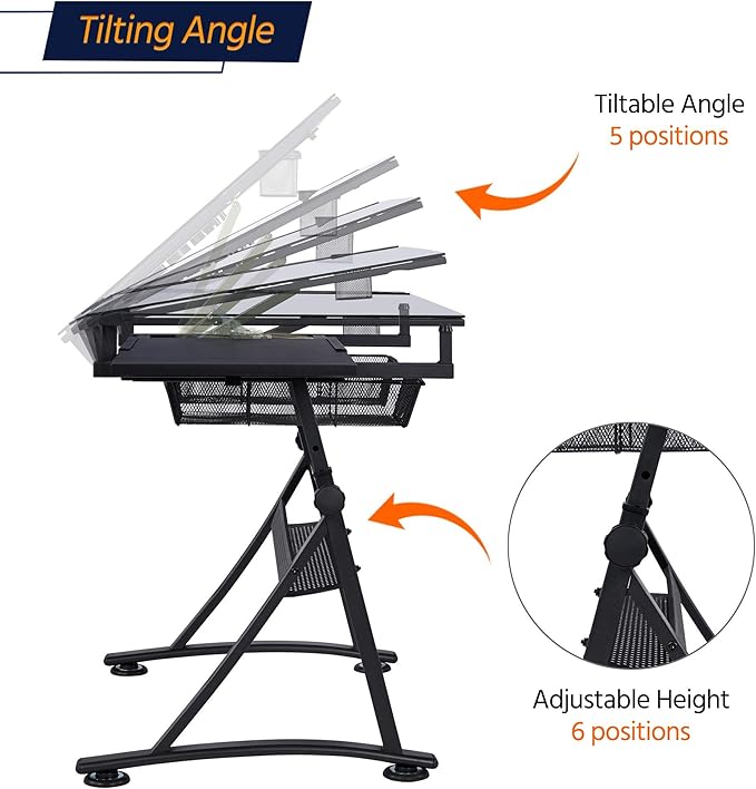 Topeakmart Height Adjustable Drafting Desk Artist Drawing Table Tilted Tabletop Art Desk Work Station w/2 Storage Drawers and Stool for Home Office