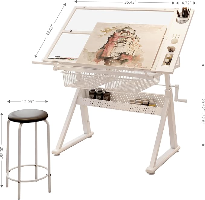 Drafting Table Desk w/Stool, Painting Table Art Craft Desk Crafting Table with Tilting Tempered Glass Top, 2 Storage Drawers, Upgraded Hand Crank Height Adjustable (White)