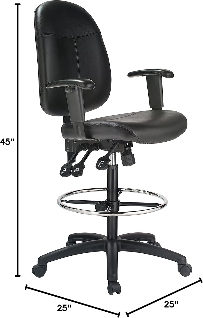Harwick Extended Height Black Leather Drafting Chair with Adjustable arms