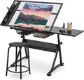 Drafting Table with Height Adjustable Glass Top, Drawing Table with Storage Drawers, Extendable Design, Art Desk Ideal for Drawing, Painting, Writing, Home Office, Clear Glass