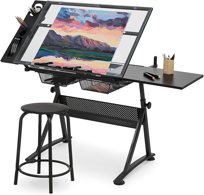 Drafting Table with Height Adjustable Glass Top, Drawing Table with Storage Drawers, Extendable Design, Art Desk Ideal for Drawing, Painting, Writing, Home Office, Clear Glass