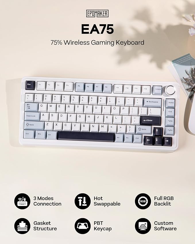 EPOMAKER EA75 75% RGB Gaming Mechanical Keyboard, 2.4GHz/Type-C/BT Creamy Wireless Keyboard with Knob, Shine Through PBT Keycaps, Hot Swappable for Gamers (Light Blue, Graywood V3 Switch)