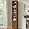RALGEND 7-Tier Tall Narrow Bookshelf with Door, 70.9 Inches CD DVD Slim Media Tower Rack with Storage Cabinet, Adjustable Shelves, Skinny Bookshelf Display Bookcase for Home Office, Walnut