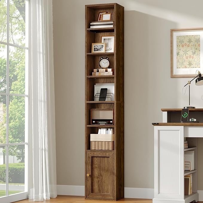 RALGEND 7-Tier Tall Narrow Bookshelf with Door Set of 2, 70.9 Inches CD DVD Slim Media Tower Rack with Storage Cabinet, Adjustable Shelves, Skinny Bookshelf Display Bookcase for Home Office, Walnut