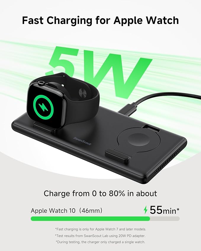 SwanScout Dual Charger for Apple Watch 11/Ultra 3/SE 3/Ultra 2/Ultra/SE 2/SE/10/9/8/7/6/5/4/3/2, Portable Charging Dock for 2 Apple Watches, SwanScout 507DA (Black)