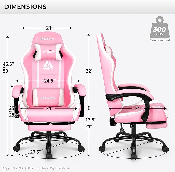 NEO CHAIR Video Gaming Chair with Footrest High Back Ergonomic Comfortable Office Computer Desk with Lumbar Support Height Adjustable with PU Leather Recliner for Adults Women Men (Pink)
