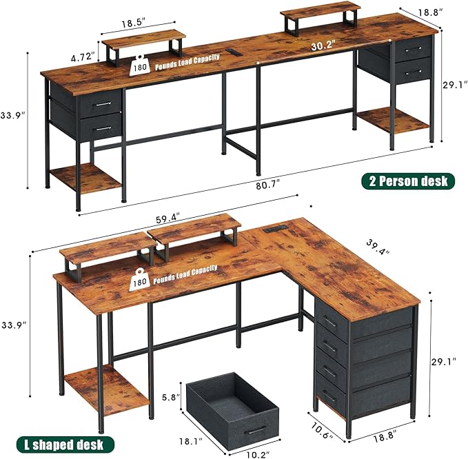 Korfile 59 inch L Shaped Computer Desk with Power Outlets, Home Office Desk with 4 Adjustable Storage Drawers & 2 Monitor Stands, Two Person Gaming Table for Bedroom, Rustic Brown