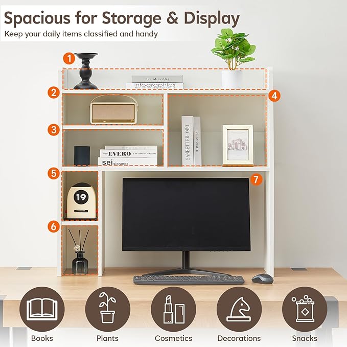 TUKAILAi Desktop Bookshelf Organizer, Countertop Storage Hutch with 7 Shelves for Desk, Dorm Desk Hutch Wood Display Rack for Home Office (White)