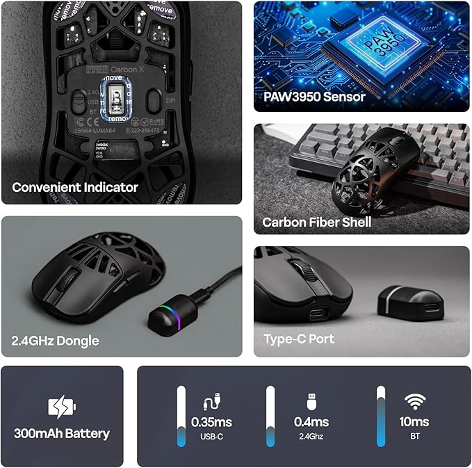 EPOMAKER Carbon X Wireless Gaming Mouse, 400 to 30,000 DPI Adjustable, PAW3950 Sensor, 50g Lightweight, Carbon Fiber Shell, 2.4G/BT/USB-C Rechargeable Wireless Mouse for PC/Mac/Linux (Black)