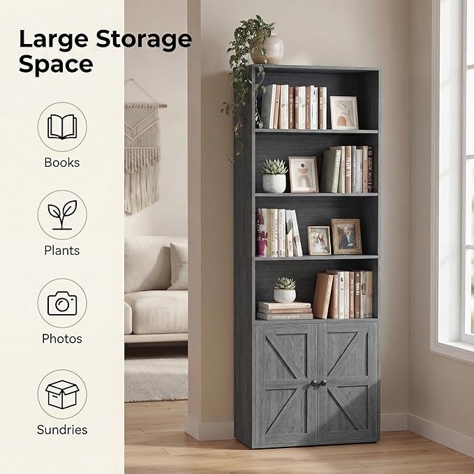 YESHOMY Farmhouse Bookshelf and Bookcase with Doors, Industrial Bookshelves and Bookcases Floor Standing Display 6-Tier Shelf Storage Shelves 71.5 inchs for Home Office, Living Room, Gray, 1 PCS