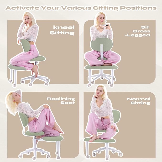 Pinmoco Ergonomic Cross Legged Office Chair with Wheels, ADHD Chair for Adults, Meditation Chair, Yoga Office Chair, Comfortable Back Support, Height Adjustable,Small Spaces, Teddy Fabric, Green