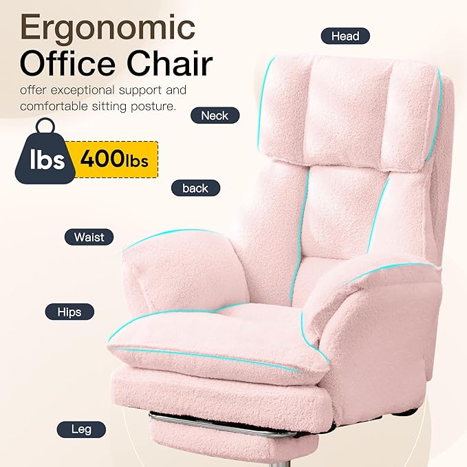 Ergonomic Cloud Cross Legged Office Chair with Footrest,Teddy Fleece Big and Tall Executive Chair with Wheels,Reversible Armrest,155° Reclining Computer Wide Desk Chair for Home,Office (Pink)