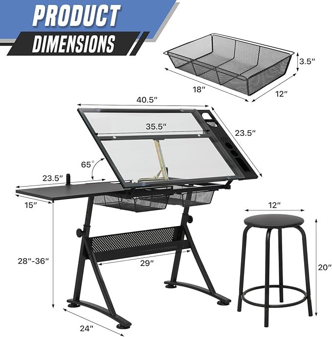 Drafting Table with Height Adjustable Glass Top, Drawing Table with Storage Drawers, Extendable Design, Art Desk Ideal for Drawing, Painting, Writing, Home Office, Clear Glass